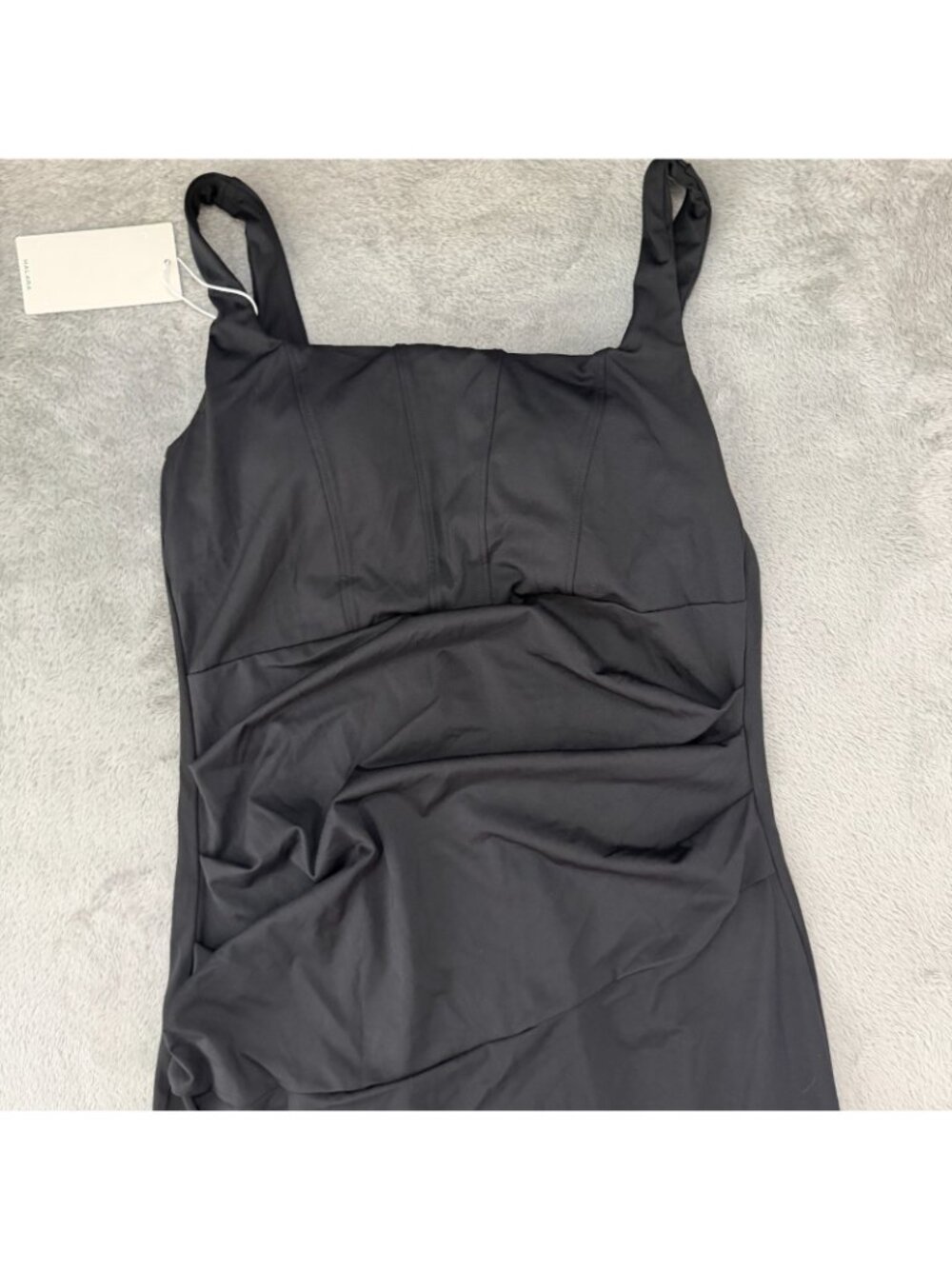NWT Halara SoftlyZero Airy Square Neck Corset Ruched Midi Dress LARGE Black - Picture 3 of 7
